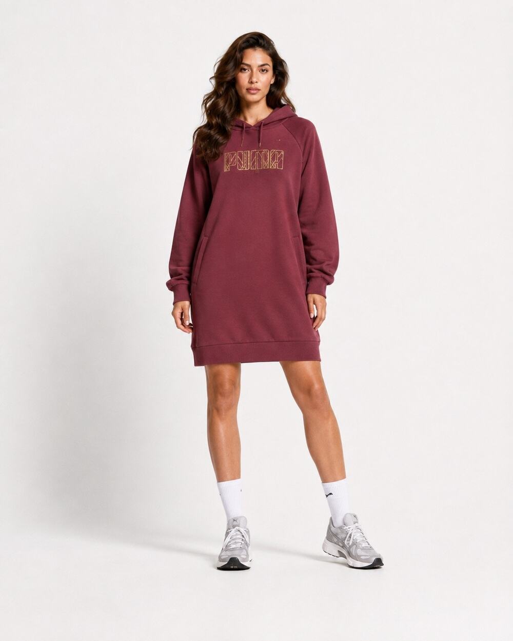 Puma Modern Basics Deco Long Sleeve Hoodie Dress Women’s Large Maroon Athleisure